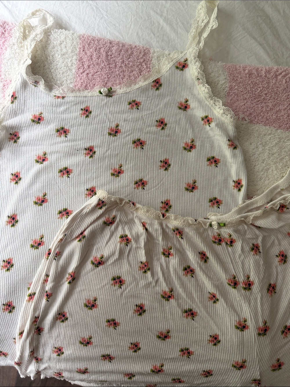 aerie PJ set Lace-Trim Ribbed - Pink Floral - Women’s XS